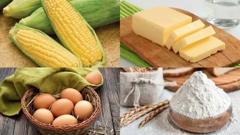 Ngô ngọt, bột chiên, trứng và bơ là những nguyên liệu chính để làm món ngô chiên