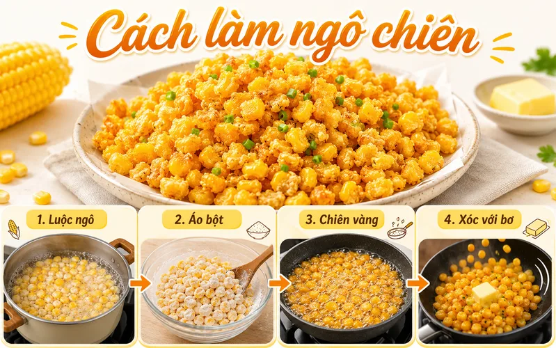 Cách làm ngô chiên gồm luộc ngô, áo bột, chiên vàng và xóc nhanh với bơ