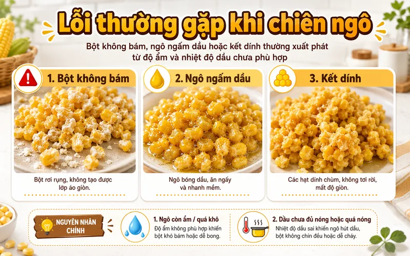 Bột không bám, ngô ngấm dầu hoặc kết dính thường xuất phát từ độ ẩm và nhiệt độ dầu chưa phù hợp