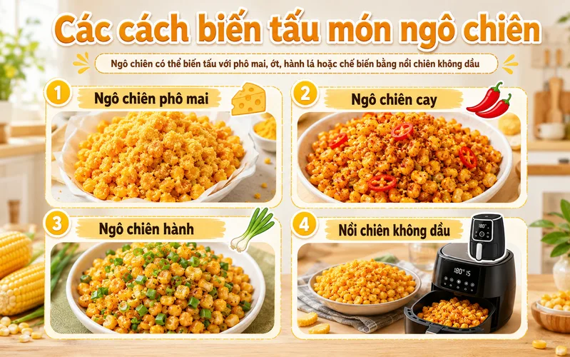 Ngô chiên có thể biến tấu với phô mai, ớt, hành lá hoặc chế biến bằng nồi chiên không dầu