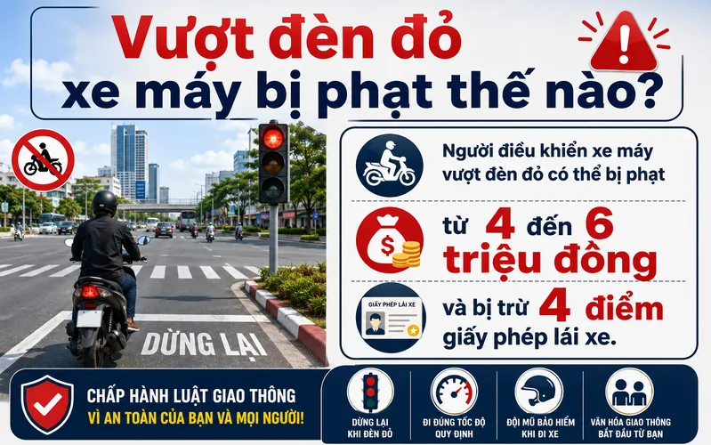 Người điều khiển xe máy vượt đèn đỏ có thể bị phạt từ 4 đến 6 triệu đồng và bị trừ 4 điểm giấy phép lái xe.