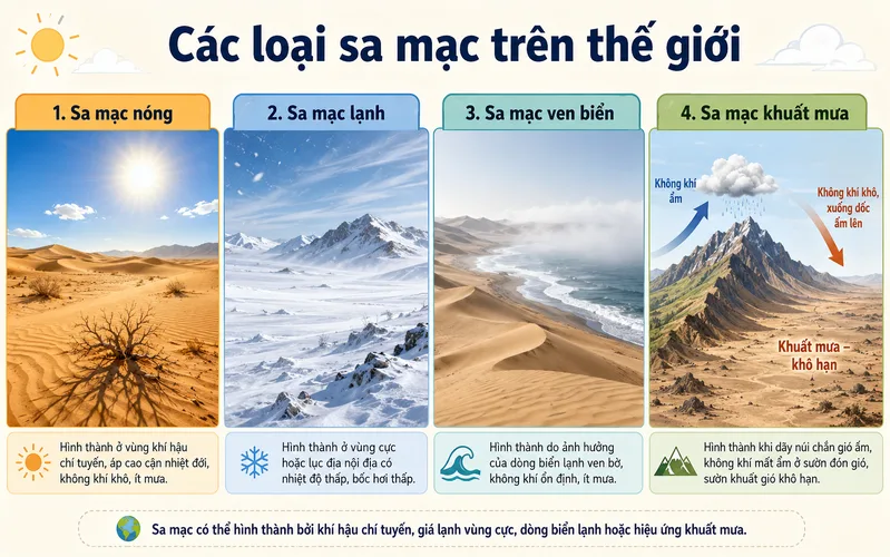Sa mạc trên thế giới được hình thành bởi nhiều cơ chế và có thể thuộc nhóm nóng, lạnh, ven biển hoặc khuất mưa.