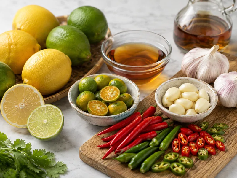 Chanh, tắc, ớt, tỏi và nước mắm là những nguyên liệu phổ biến để pha nước chấm hải sản.
