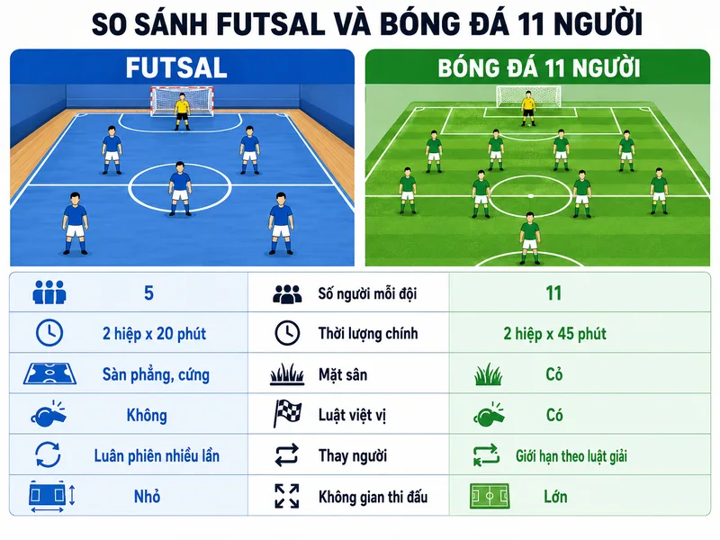 Bóng đá futsal khác bóng đá sân cỏ ở số cầu thủ, kích thước sân, luật việt vị và cách thay người.